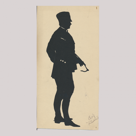 
        Front of silhouette, with man looking right, police officier, wearing a hat and with a whip.